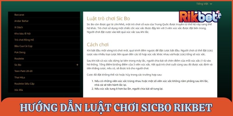 Hướng dẫn luật chơi Sicbo Rikbet